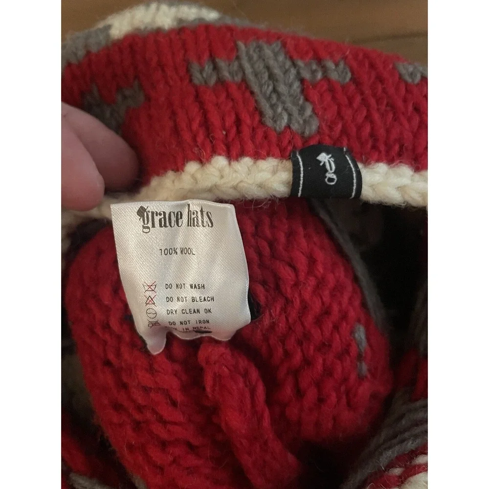 Red And Gray Wool Knit Skull Ear Flap Hat By Grace Hats‎ OS Beanie